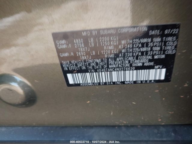 Photo 8 VIN: 4S4BTANC4N3276630 - SUBARU OUTBACK 