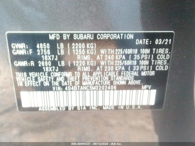 Photo 8 VIN: 4S4BTANC5M3202406 - SUBARU OUTBACK 