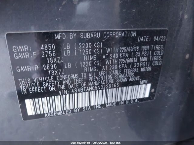 Photo 8 VIN: 4S4BTANC5N3228165 - SUBARU OUTBACK 