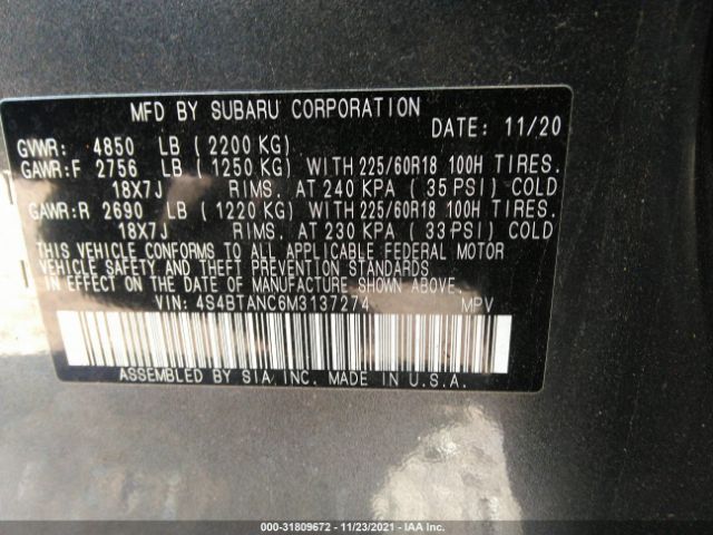 Photo 8 VIN: 4S4BTANC6M3137274 - SUBARU OUTBACK 