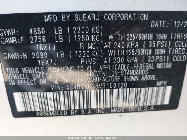 Photo 8 VIN: 4S4BTANC6M3160120 - SUBARU OUTBACK 