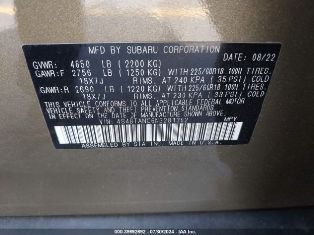 Photo 8 VIN: 4S4BTANC6N3281392 - SUBARU OUTBACK 