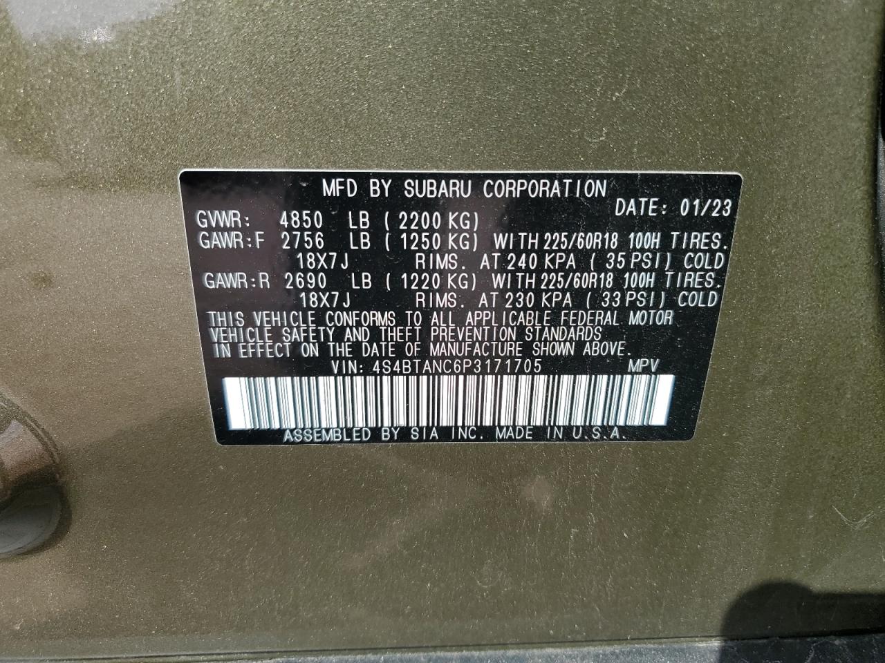 Photo 12 VIN: 4S4BTANC6P3171705 - SUBARU OUTBACK 