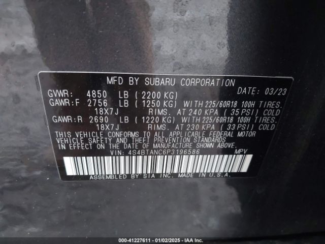 Photo 8 VIN: 4S4BTANC6P3196586 - SUBARU OUTBACK 