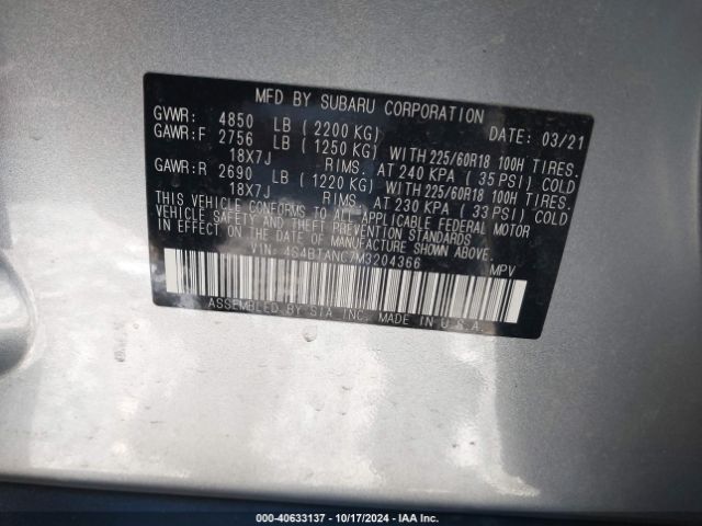 Photo 8 VIN: 4S4BTANC7M3204366 - SUBARU OUTBACK 