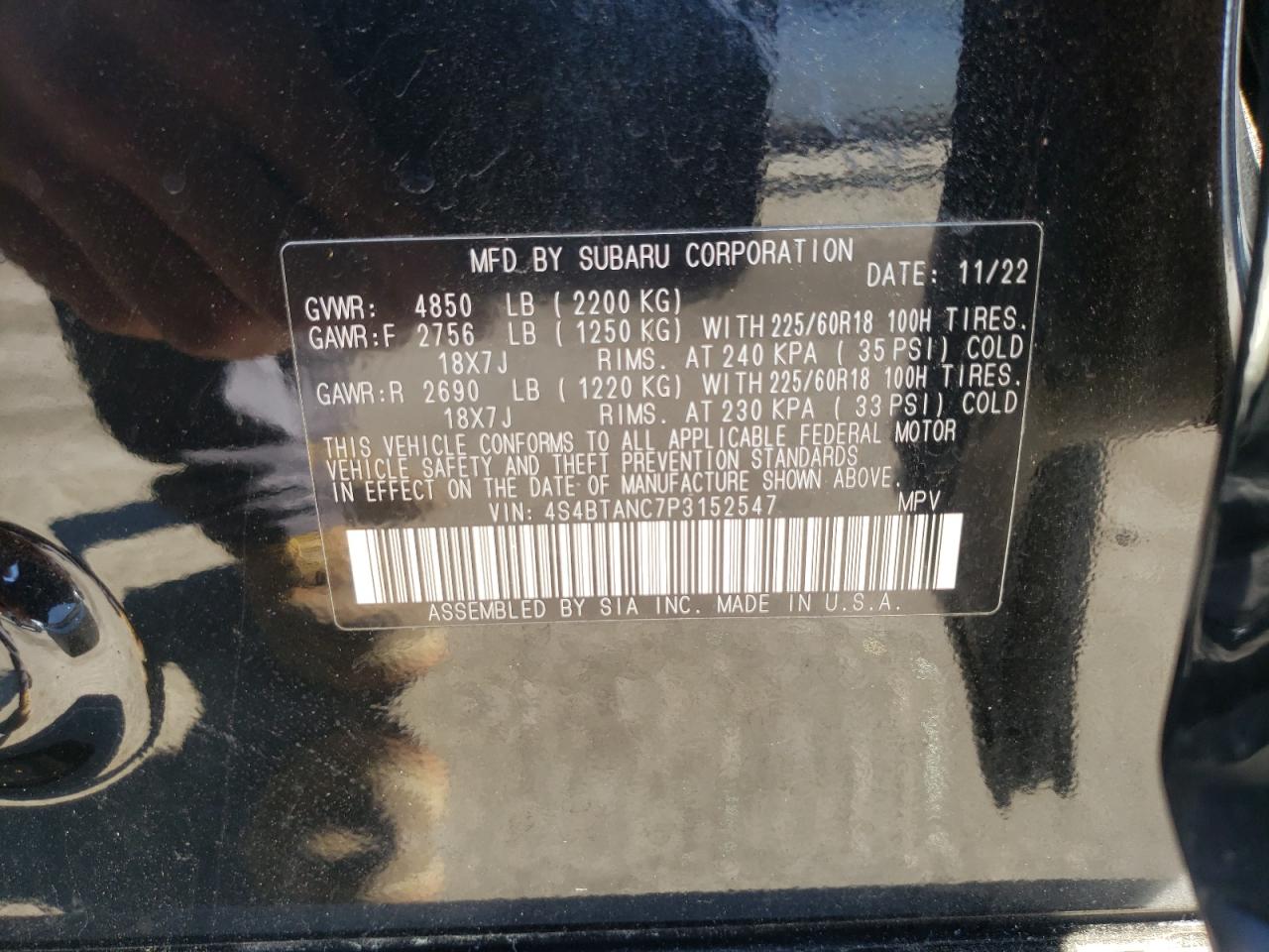 Photo 12 VIN: 4S4BTANC7P3152547 - SUBARU OUTBACK 