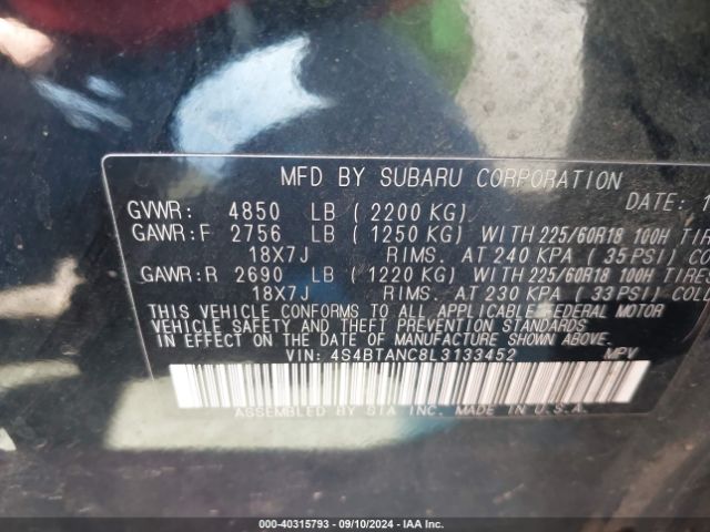 Photo 8 VIN: 4S4BTANC8L3133452 - SUBARU OUTBACK 