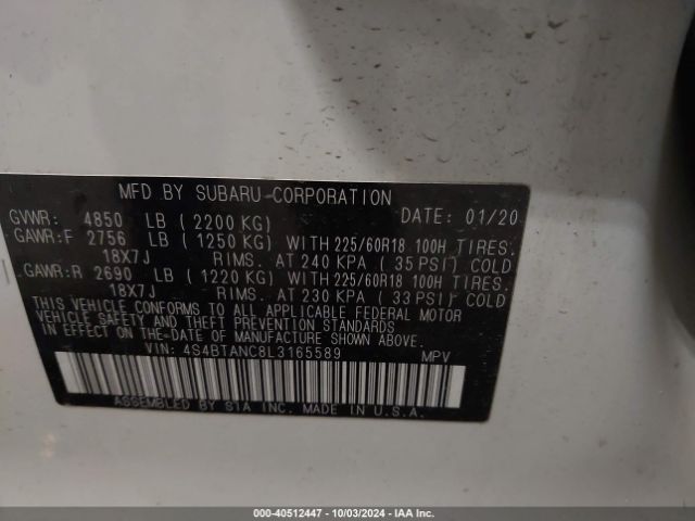 Photo 8 VIN: 4S4BTANC8L3165589 - SUBARU OUTBACK 