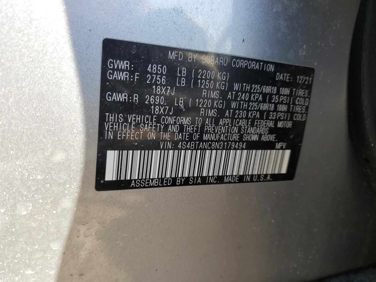 Photo 12 VIN: 4S4BTANC8N3179494 - SUBARU OUTBACK 