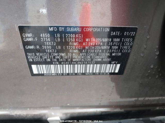 Photo 8 VIN: 4S4BTANC8N3187532 - SUBARU OUTBACK 