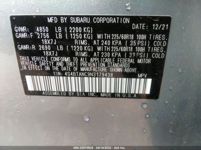 Photo 8 VIN: 4S4BTANC9N3179438 - SUBARU OUTBACK 