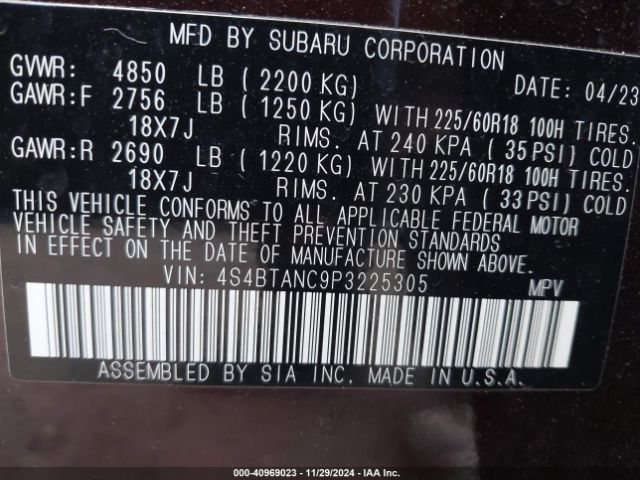 Photo 8 VIN: 4S4BTANC9P3225305 - SUBARU OUTBACK 