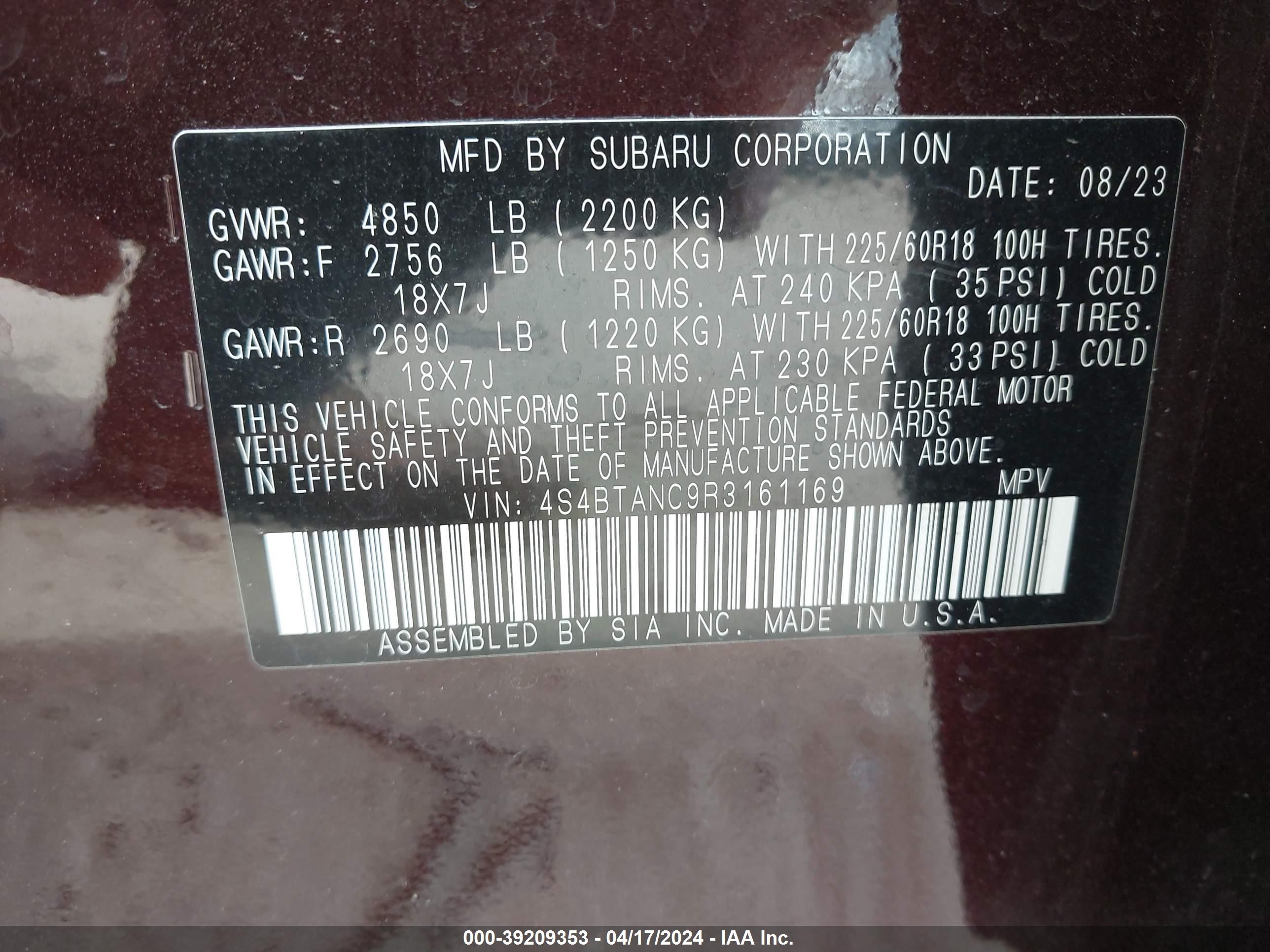 Photo 9 VIN: 4S4BTANC9R3161169 - SUBARU OUTBACK 