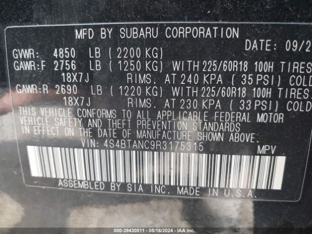 Photo 8 VIN: 4S4BTANC9R3175315 - SUBARU OUTBACK 