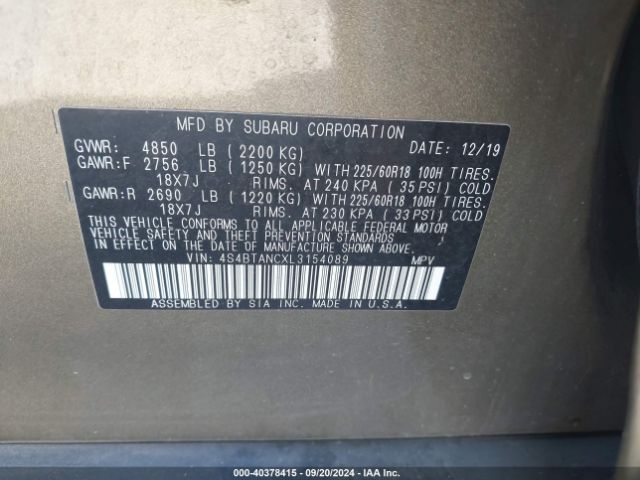 Photo 8 VIN: 4S4BTANCXL3154089 - SUBARU OUTBACK 