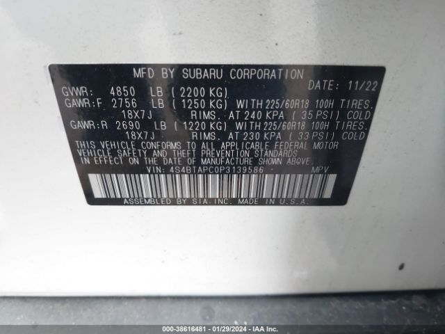 Photo 8 VIN: 4S4BTAPC0P3139586 - SUBARU OUTBACK 