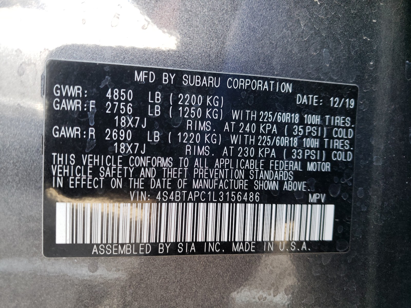 Photo 9 VIN: 4S4BTAPC1L3156486 - SUBARU OUTBACK TO 