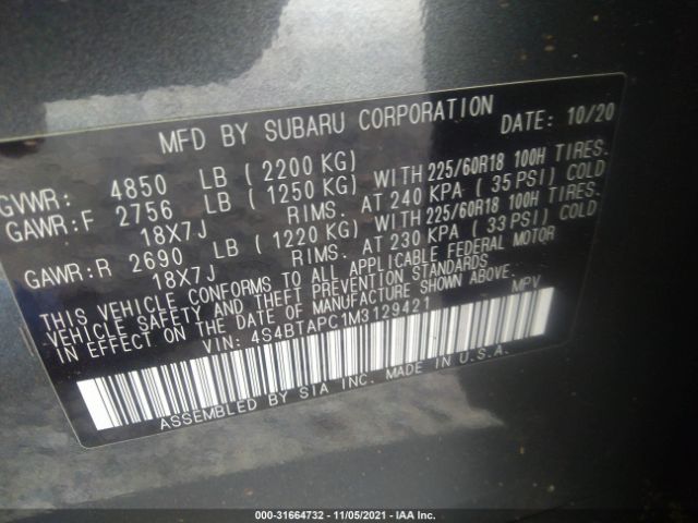 Photo 8 VIN: 4S4BTAPC1M3129421 - SUBARU OUTBACK 