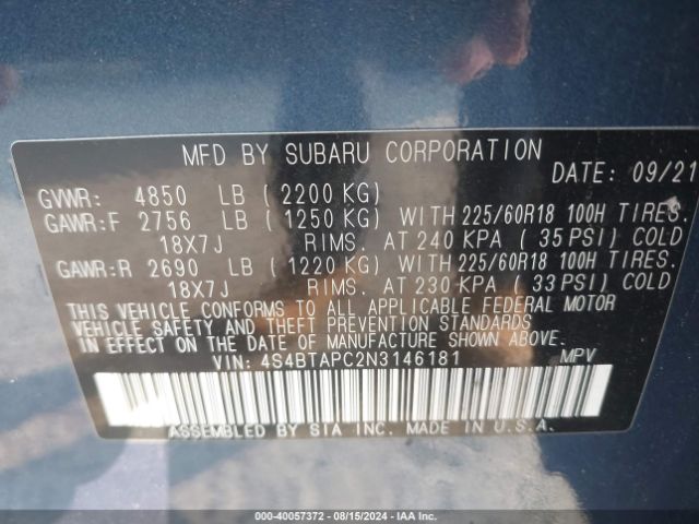 Photo 8 VIN: 4S4BTAPC2N3146181 - SUBARU OUTBACK 