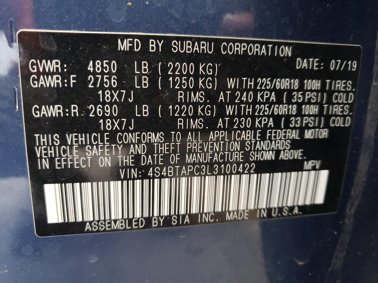 Photo 11 VIN: 4S4BTAPC3L3100422 - SUBARU OUTBACK 