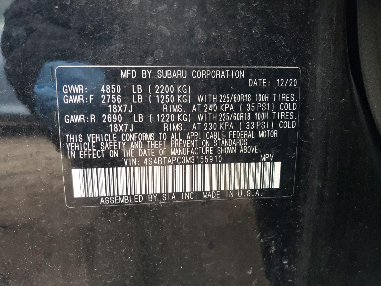 Photo 12 VIN: 4S4BTAPC3M3155910 - SUBARU OUTBACK 