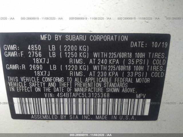 Photo 8 VIN: 4S4BTAPC5L3125368 - SUBARU OUTBACK 