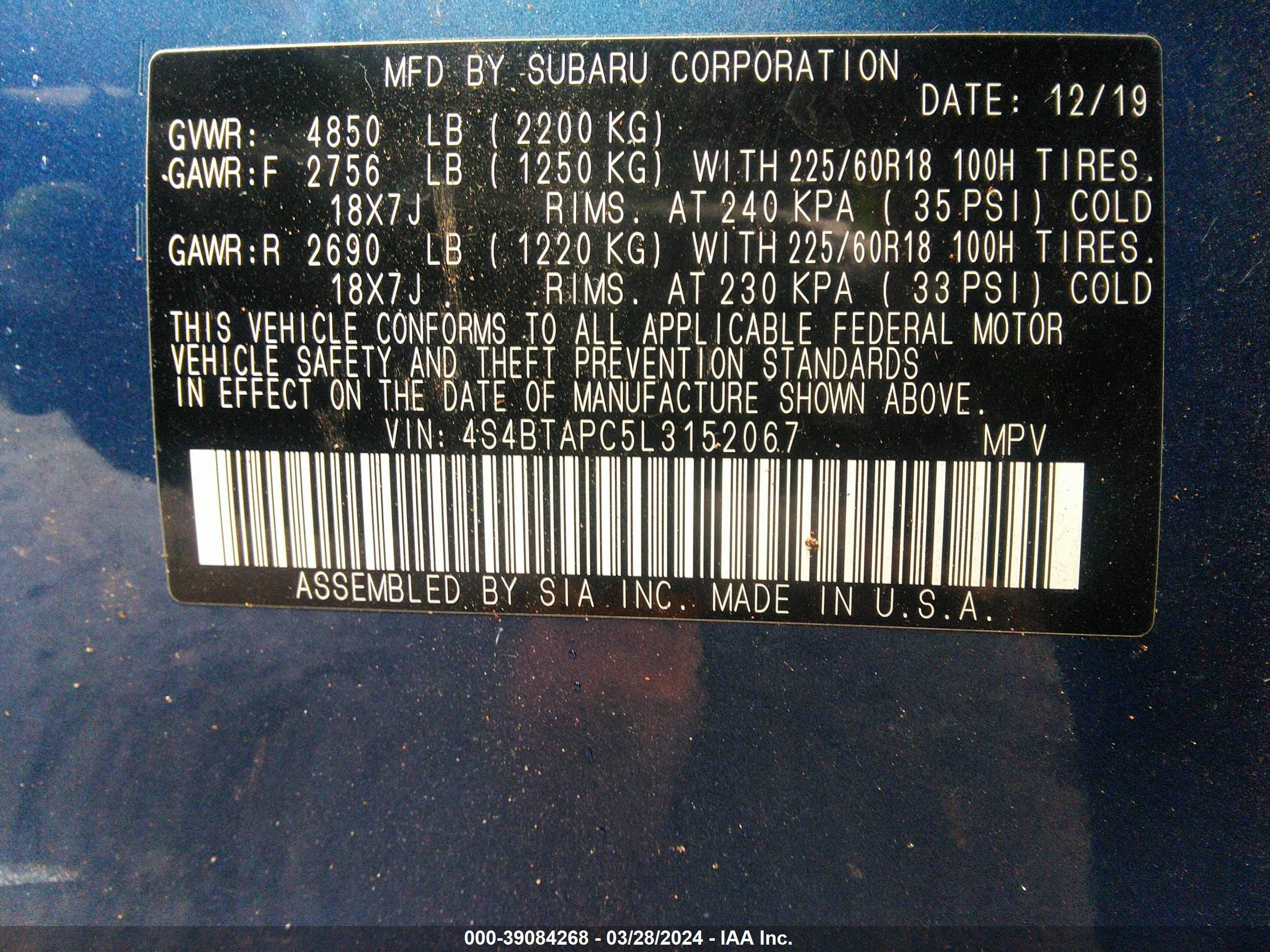 Photo 8 VIN: 4S4BTAPC5L3152067 - SUBARU OUTBACK 