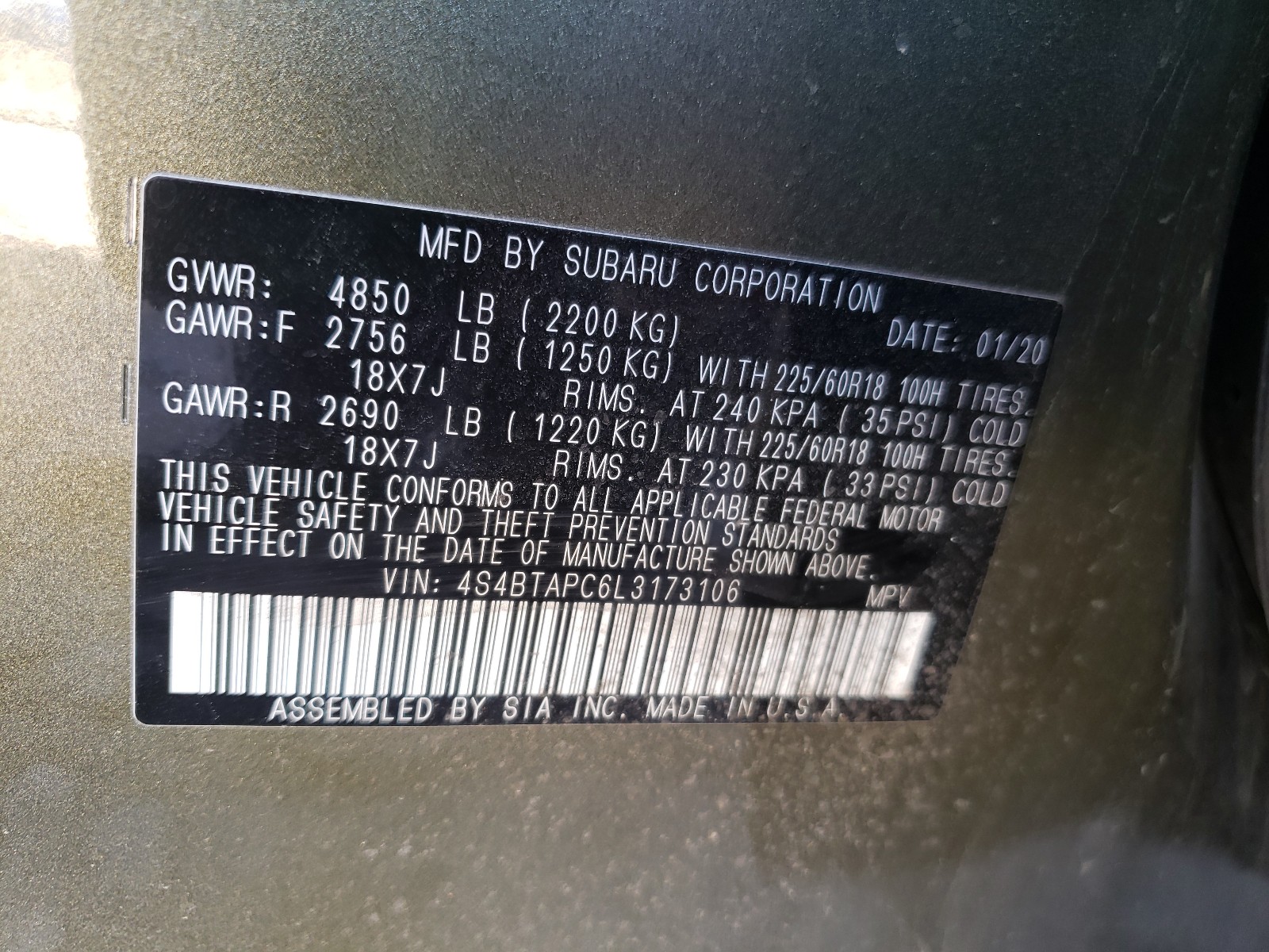 Photo 9 VIN: 4S4BTAPC6L3173106 - SUBARU OUTBACK TO 