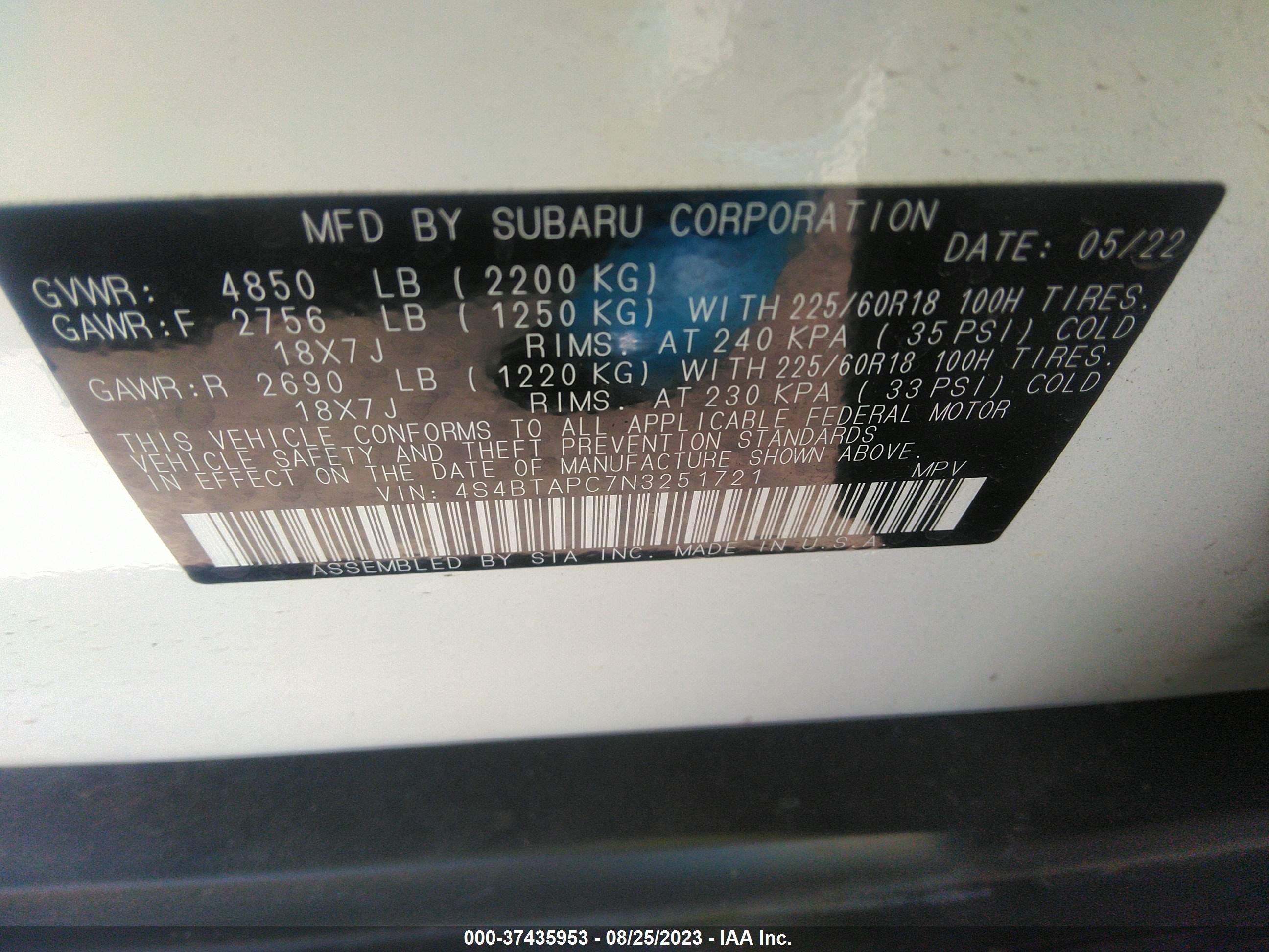 Photo 8 VIN: 4S4BTAPC7N3251721 - SUBARU OUTBACK 