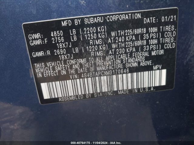 Photo 8 VIN: 4S4BTAPCXM3170646 - SUBARU OUTBACK 