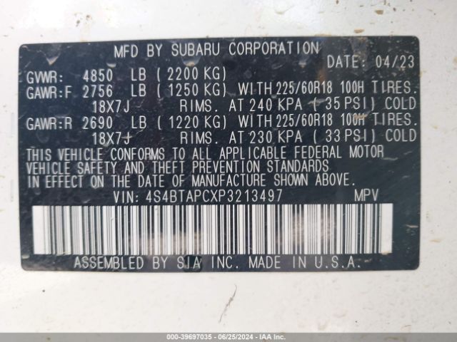 Photo 8 VIN: 4S4BTAPCXP3213497 - SUBARU OUTBACK 