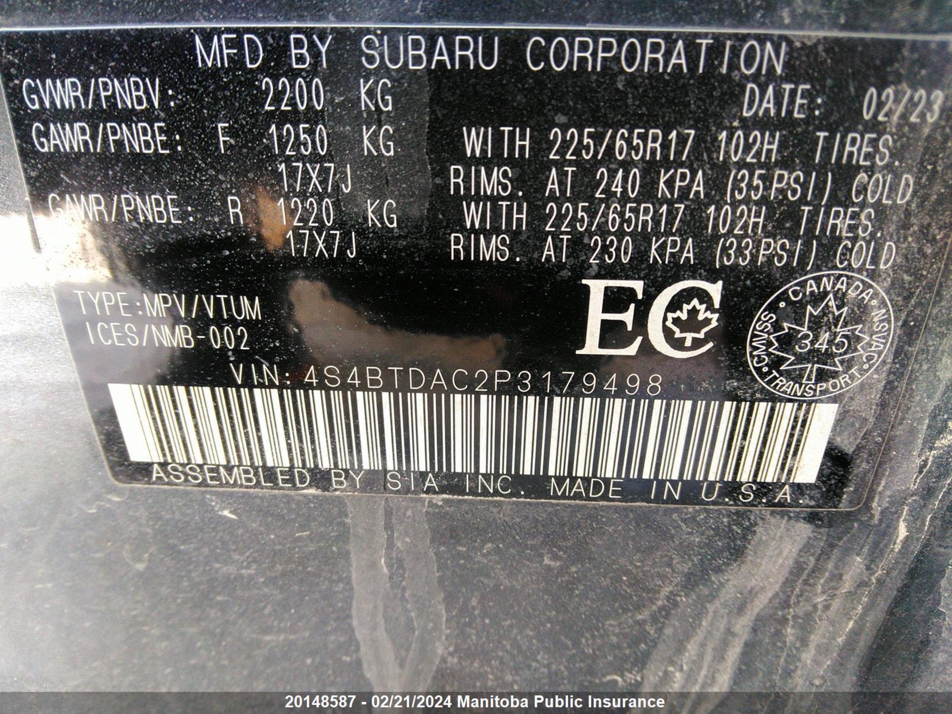 Photo 8 VIN: 4S4BTDAC2P3179498 - SUBARU OUTBACK 