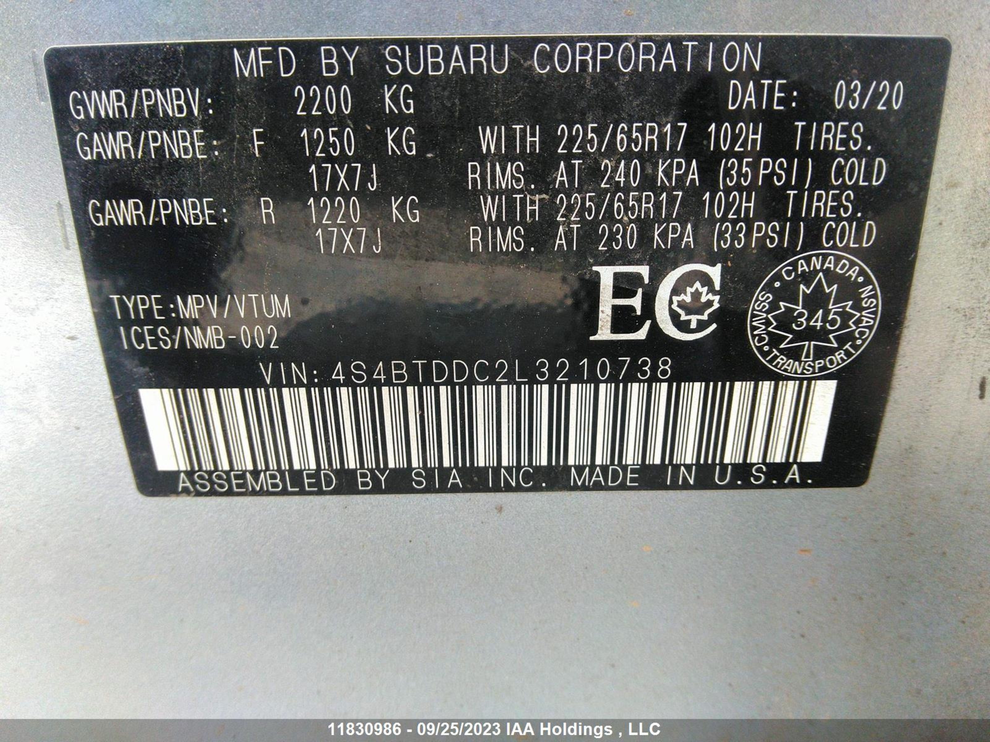 Photo 8 VIN: 4S4BTDDC2L3210738 - SUBARU OUTBACK 