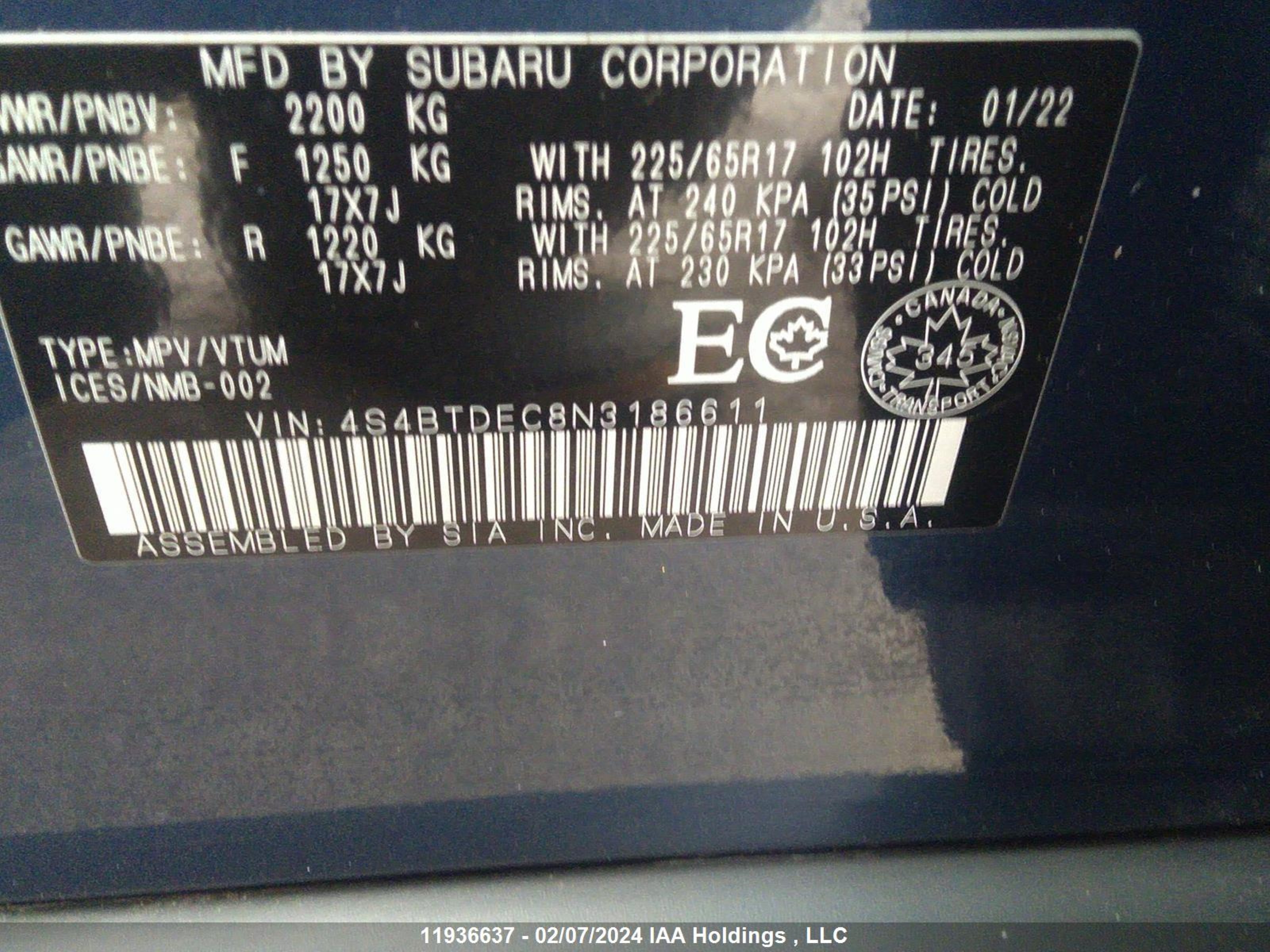 Photo 8 VIN: 4S4BTDEC8N3186611 - SUBARU OUTBACK 