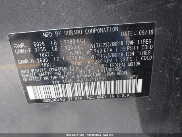 Photo 8 VIN: 4S4BTGHD1L3117519 - SUBARU OUTBACK 