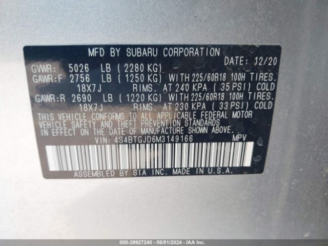 Photo 8 VIN: 4S4BTGJD6M3149166 - SUBARU OUTBACK 