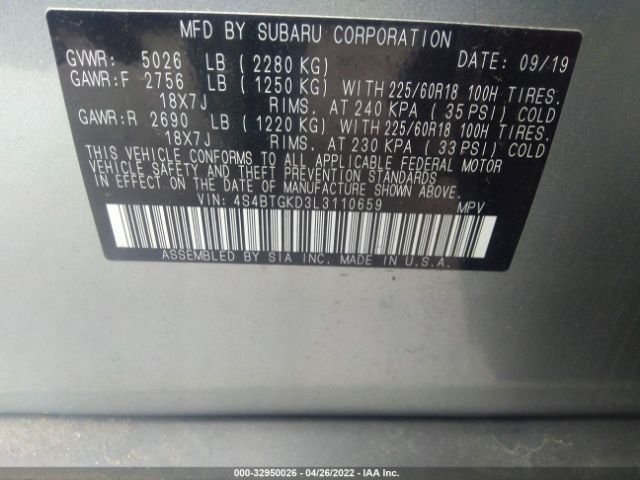 Photo 8 VIN: 4S4BTGKD3L3110659 - SUBARU OUTBACK 