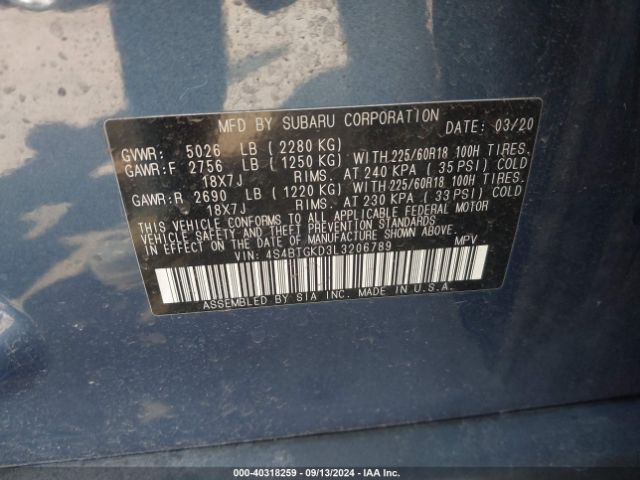 Photo 8 VIN: 4S4BTGKD3L3206789 - SUBARU OUTBACK 