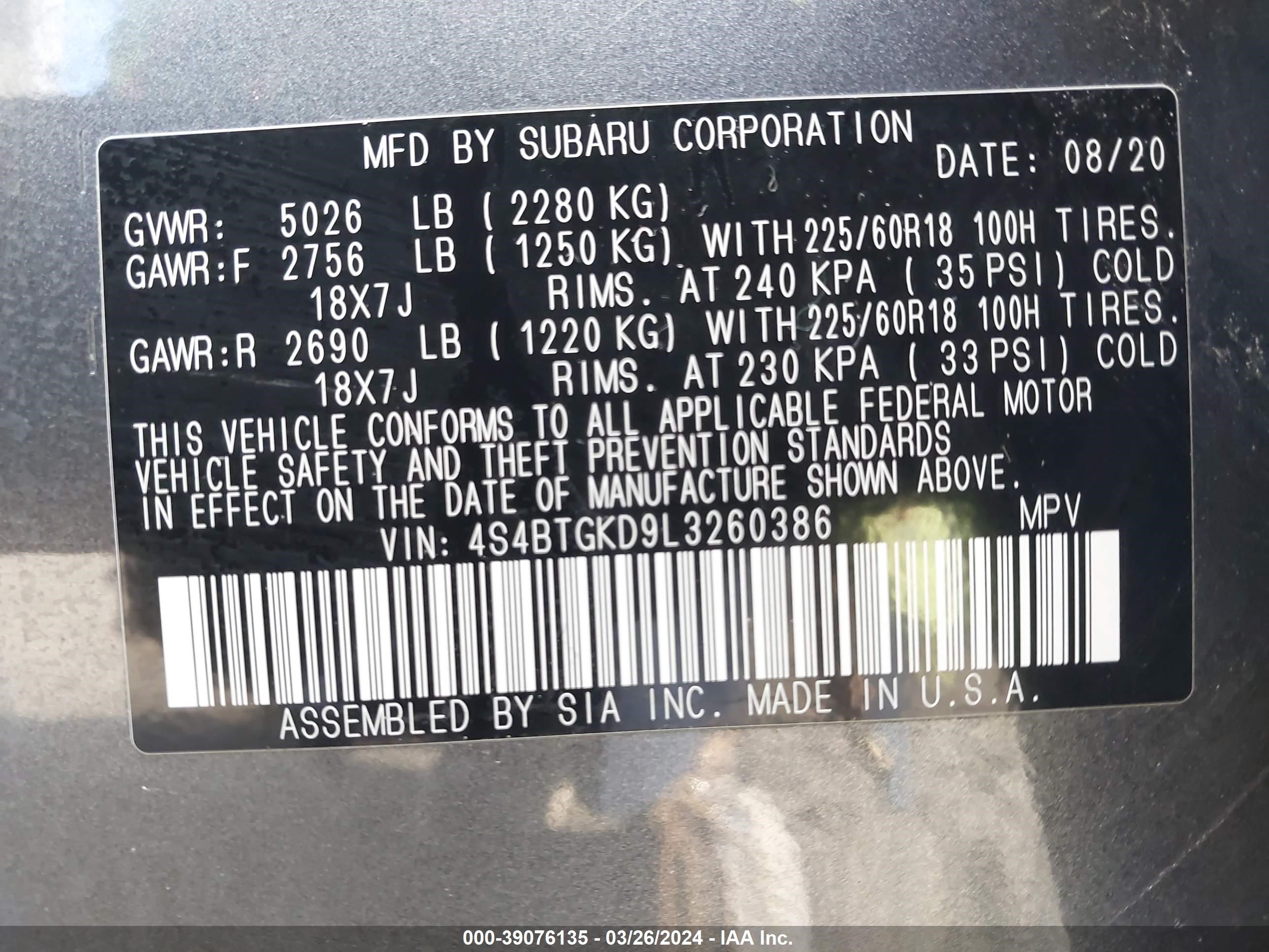 Photo 8 VIN: 4S4BTGKD9L3260386 - SUBARU OUTBACK 