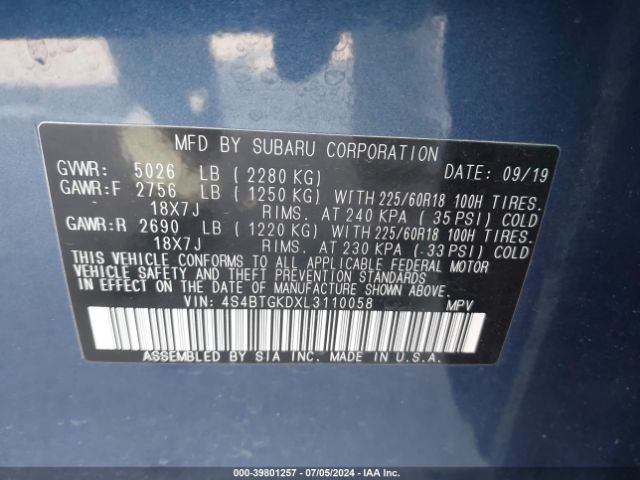 Photo 8 VIN: 4S4BTGKDXL3110058 - SUBARU OUTBACK 