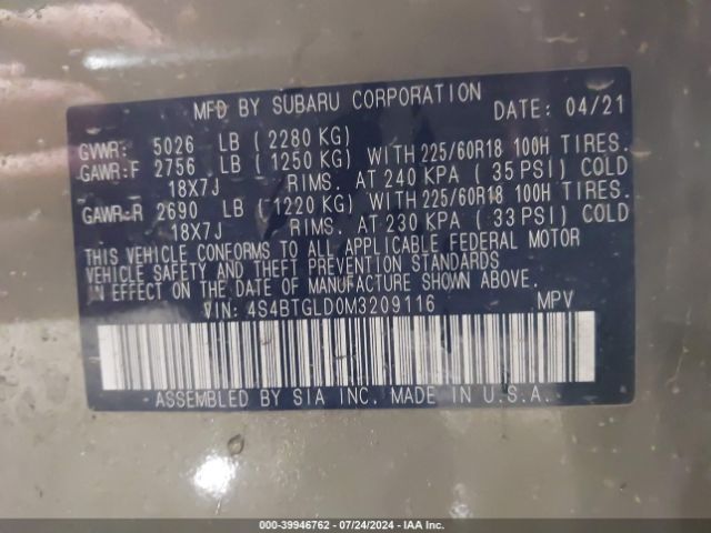 Photo 8 VIN: 4S4BTGLD0M3209116 - SUBARU OUTBACK 