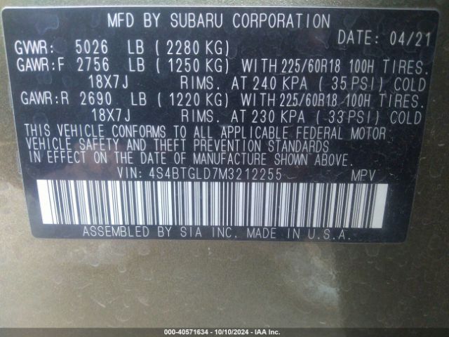 Photo 8 VIN: 4S4BTGLD7M3212255 - SUBARU OUTBACK 