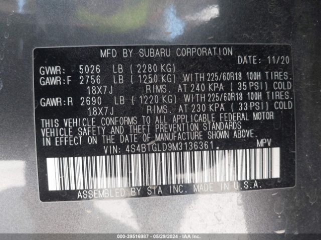 Photo 8 VIN: 4S4BTGLD9M3136361 - SUBARU OUTBACK 