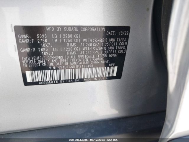 Photo 8 VIN: 4S4BTGND1P3126490 - SUBARU OUTBACK 