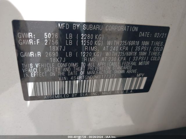 Photo 8 VIN: 4S4BTGND2M3177377 - SUBARU OUTBACK 