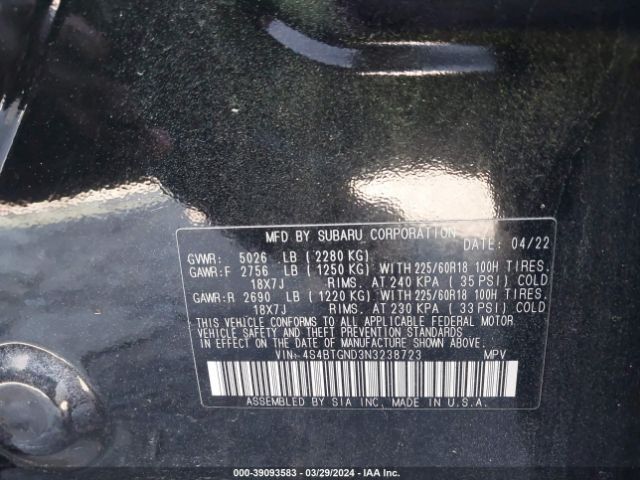 Photo 8 VIN: 4S4BTGND3N3238723 - SUBARU OUTBACK 