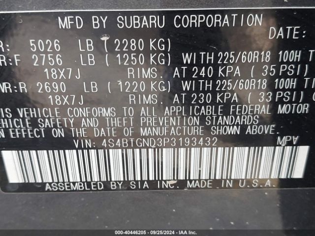 Photo 8 VIN: 4S4BTGND3P3193432 - SUBARU OUTBACK 