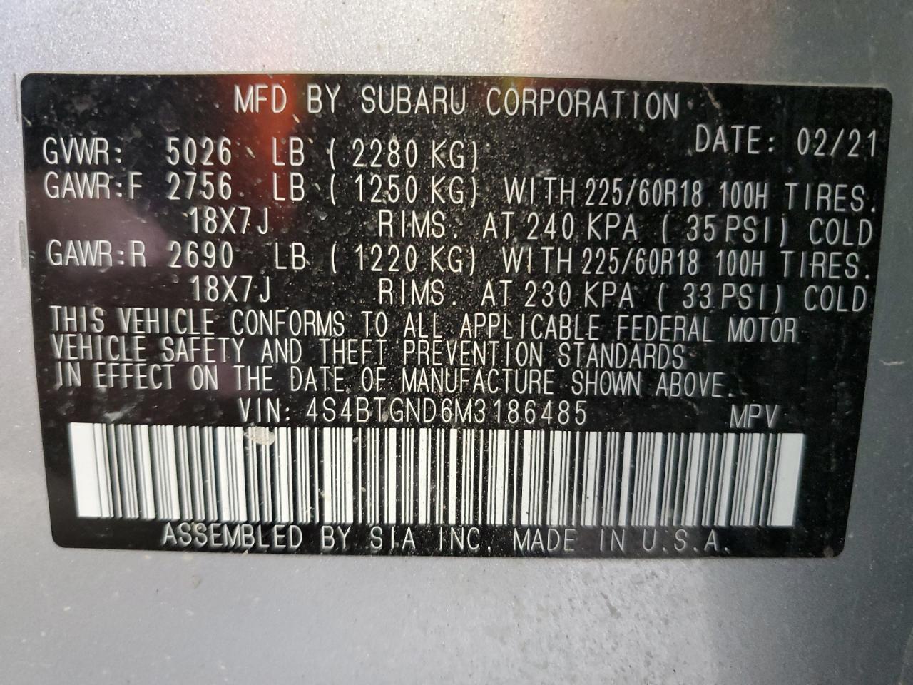 Photo 12 VIN: 4S4BTGND6M3186485 - SUBARU OUTBACK 