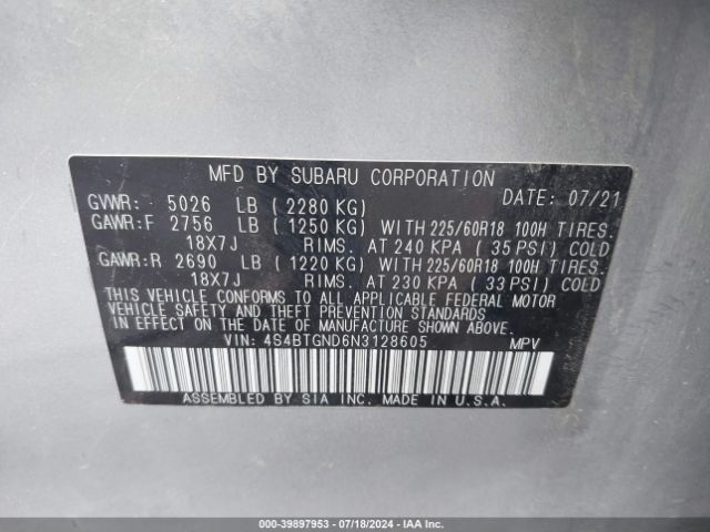 Photo 8 VIN: 4S4BTGND6N3128605 - SUBARU OUTBACK 