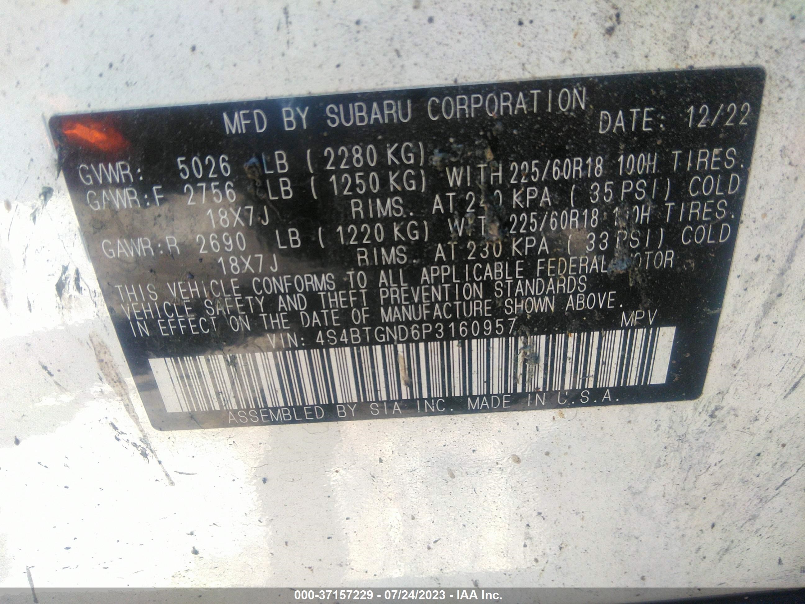 Photo 8 VIN: 4S4BTGND6P3160957 - SUBARU OUTBACK 